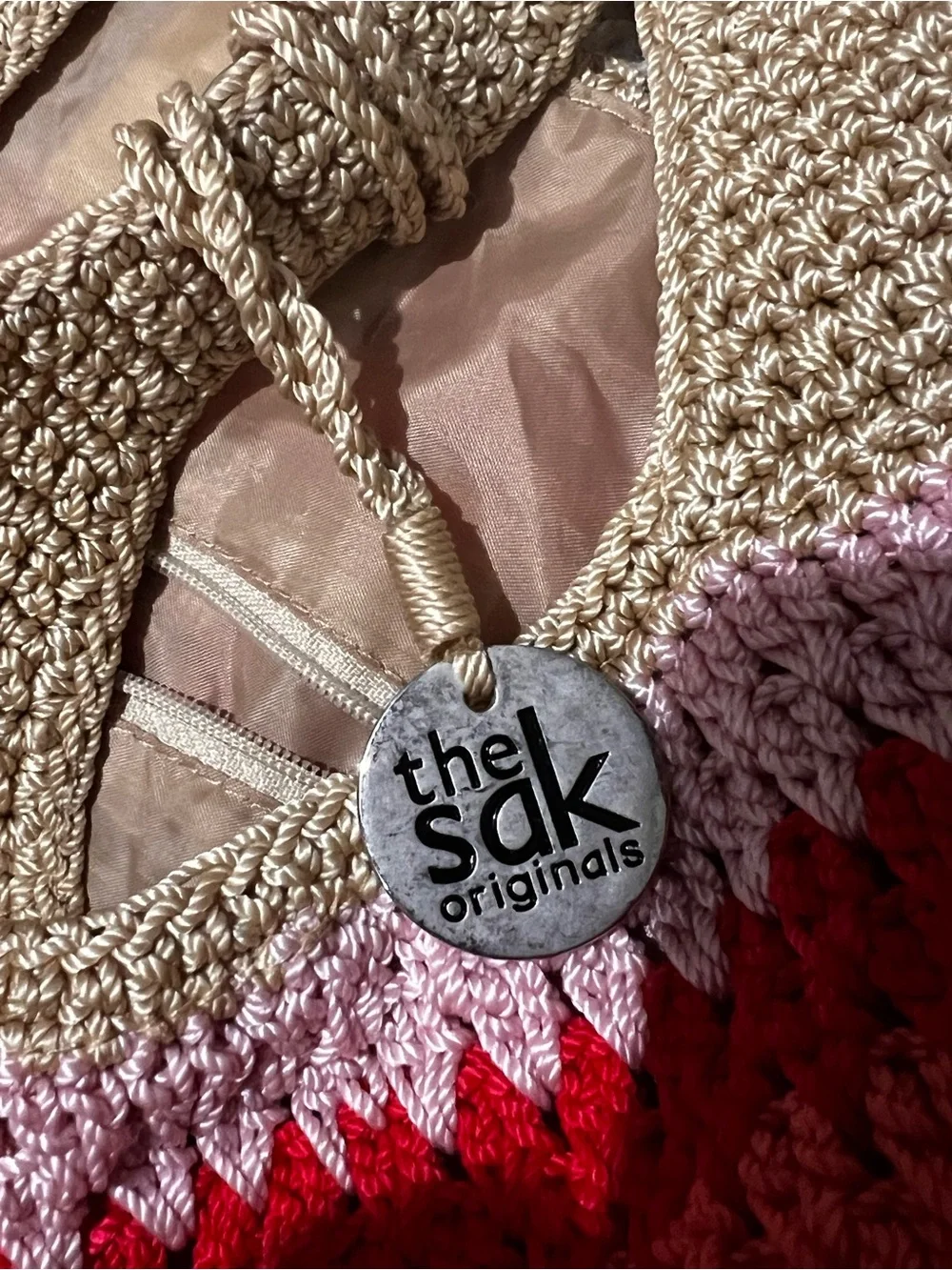 The Sak Multicolor Crochet Tote Bag with Red Base